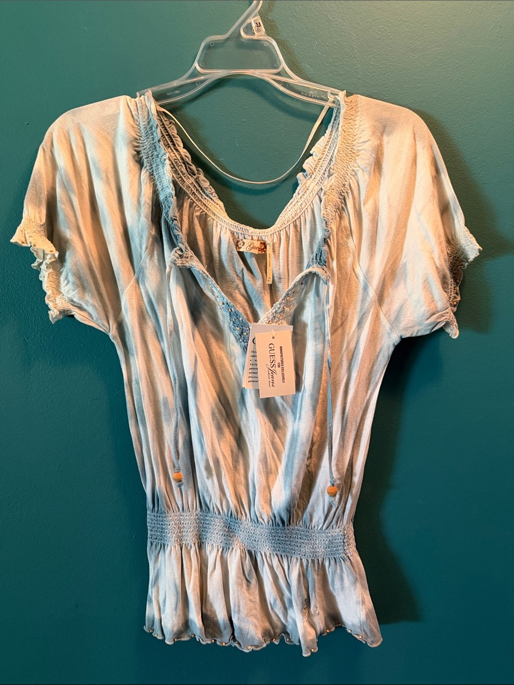 Guess Light Blue and White Tie-Dye Boho Blouse